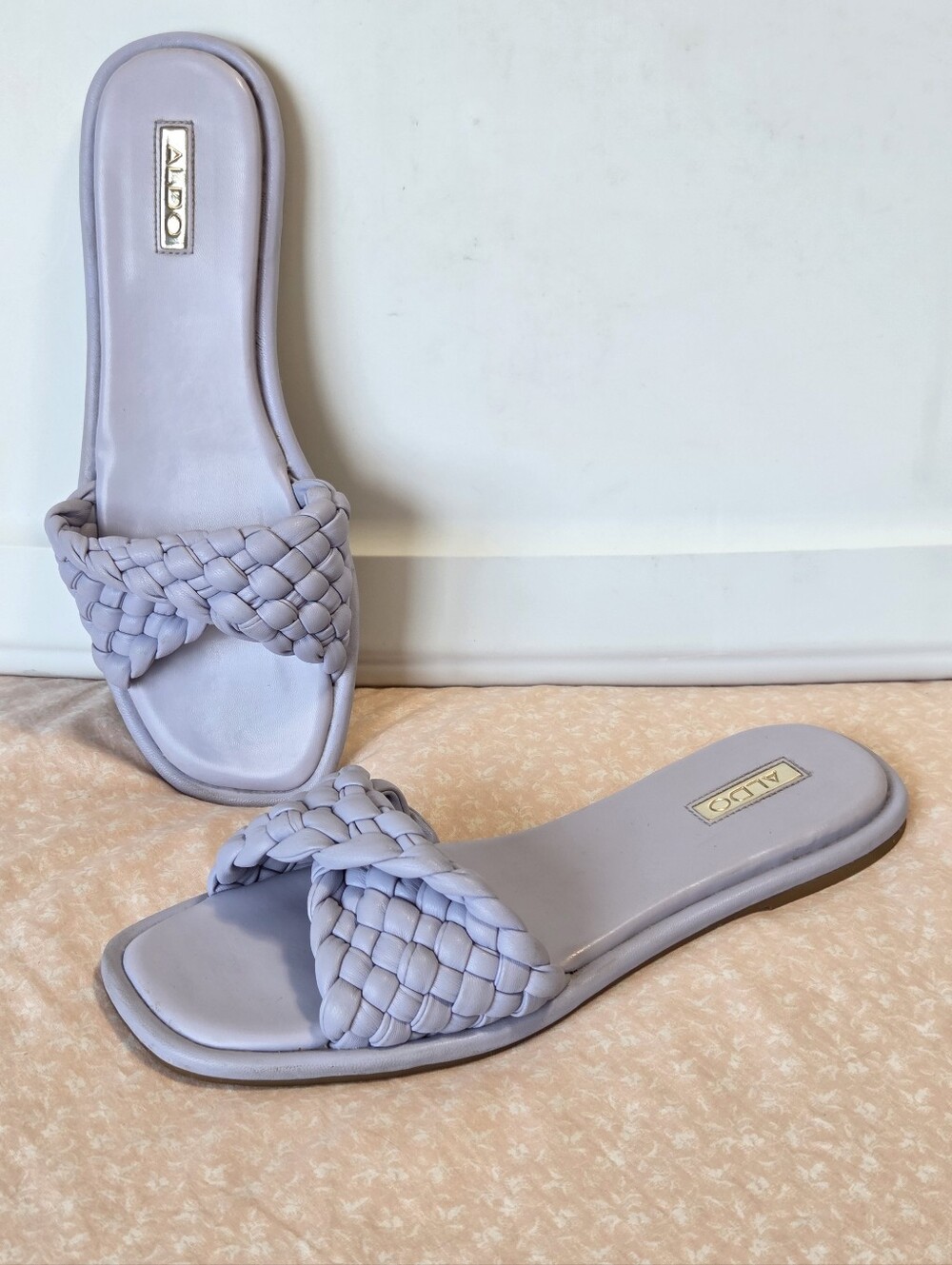 Aldo Lilac Purple Woven Braided Flat Slide Sandals Leather Square Toe Sz 9